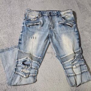 Kilogram Mens 38 36x31 Moto Biker Jeans Light Wash Distressed Ribbed Zipper Y2K